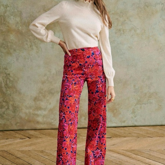 Sezane Pants - NAT SEZANE FR 34, US 2 Martin corduroy pant,Fuchsia Floral, 100% cotton